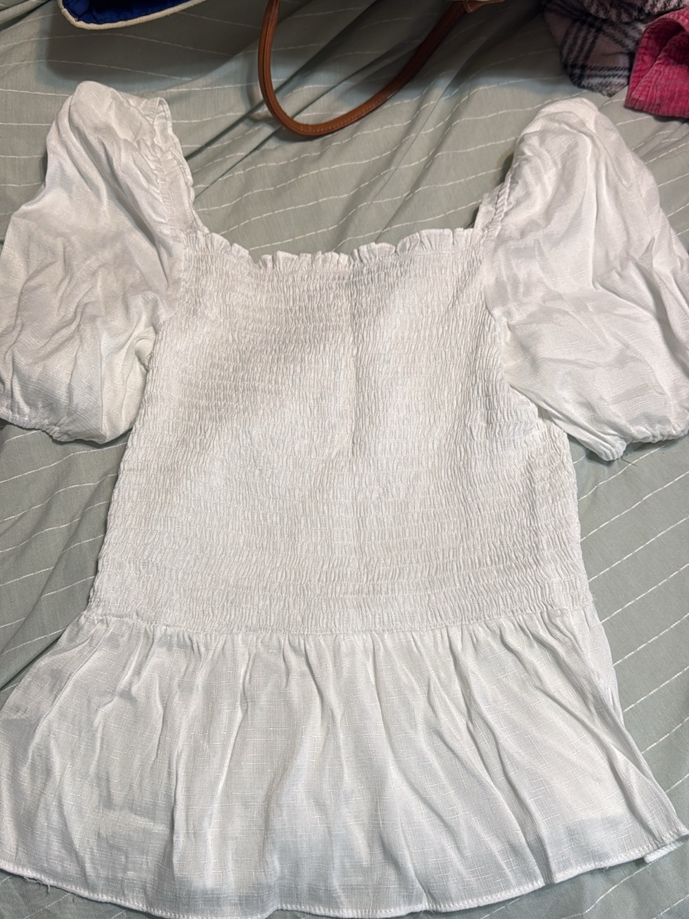 Sugarlips White Smocked Puff-Sleeve Peplum Blouse